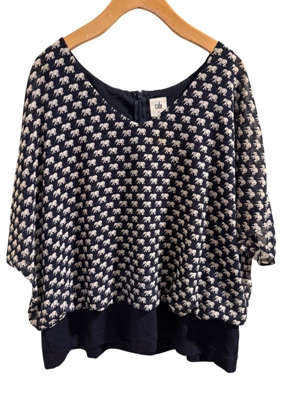 Cabi Navy & White Elephant Print Layered Blouse XL Flowy Sheer Overlay
